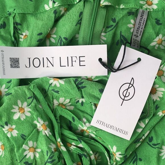 stradivarius Womens Halter Dress Slit Ruched Green Daisy Print  Size 12 NWT - Picture 12 of 16